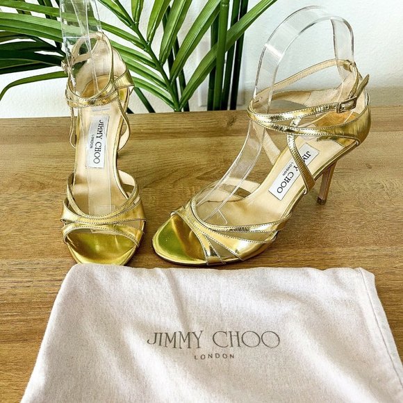 Jimmy Choo Shoes - Jimmy Choo Women's Sz 36 US 6 Gold Patent Leather Strappy Heels Ankle Sandals